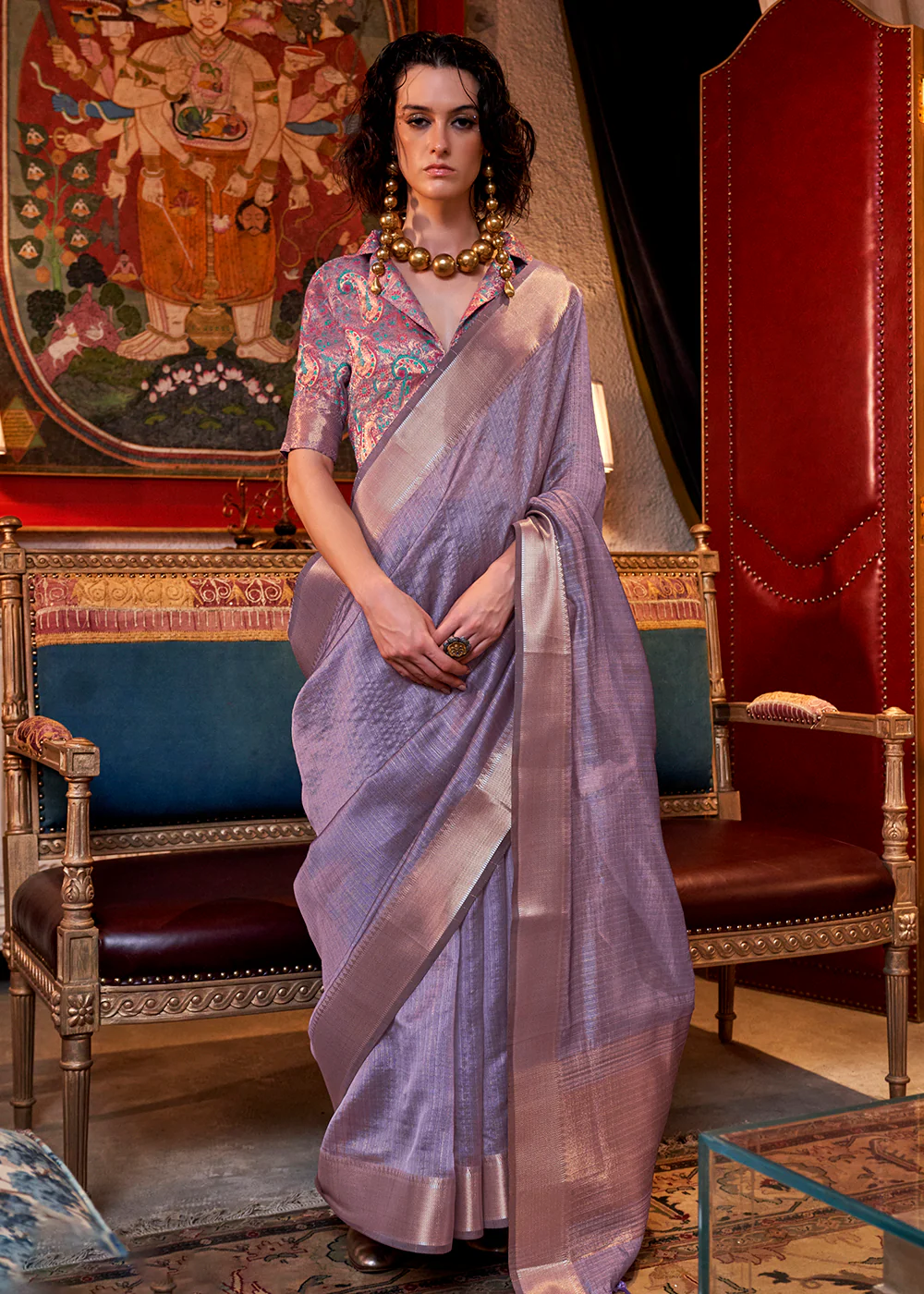 Lavender Moss Chiffon Party Style Designer Saree