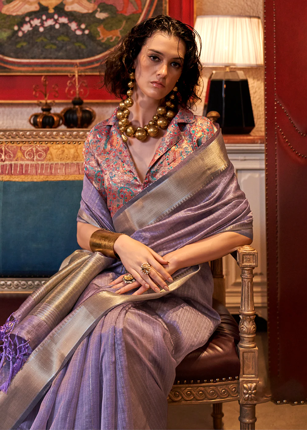 Lavender Moss Chiffon Party Style Designer Saree - Image 2