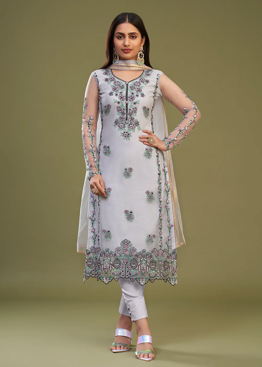 Lavender Multi Thread Embroidered Net Salwar Suit