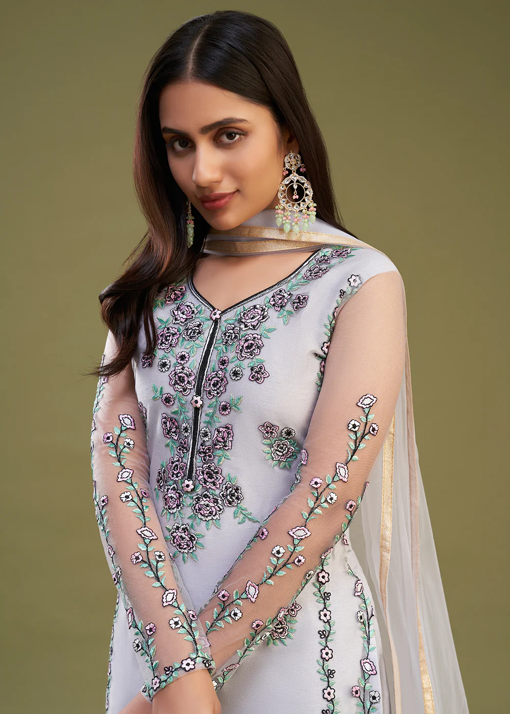 Lavender Multi Thread Embroidered Net Salwar Suit - Image 2