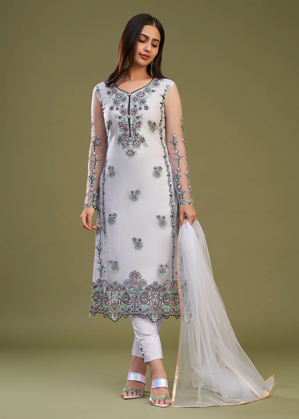 Lavender Multi Thread Embroidered Net Salwar Suit - Image 3