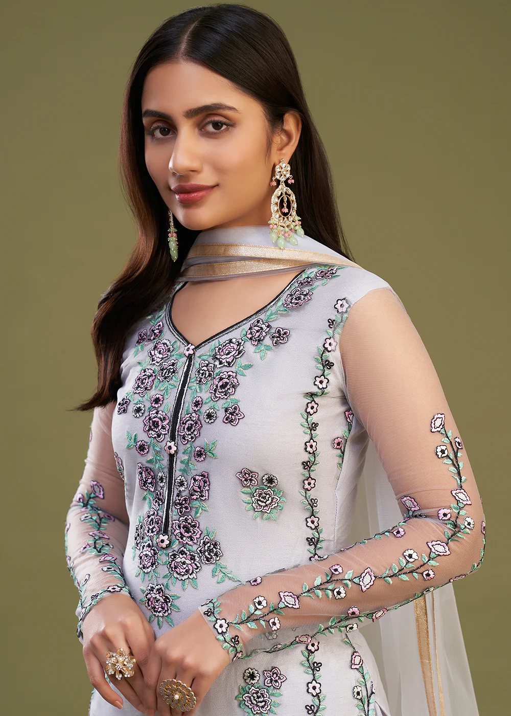 Lavender Multi Thread Embroidered Net Salwar Suit - Image 4