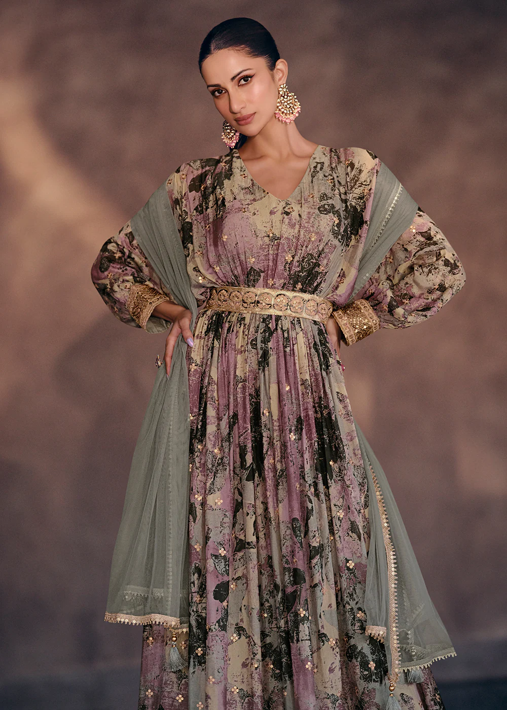 Lavender Multicolor Digital Printed Designer Anarkali Gown - Image 2