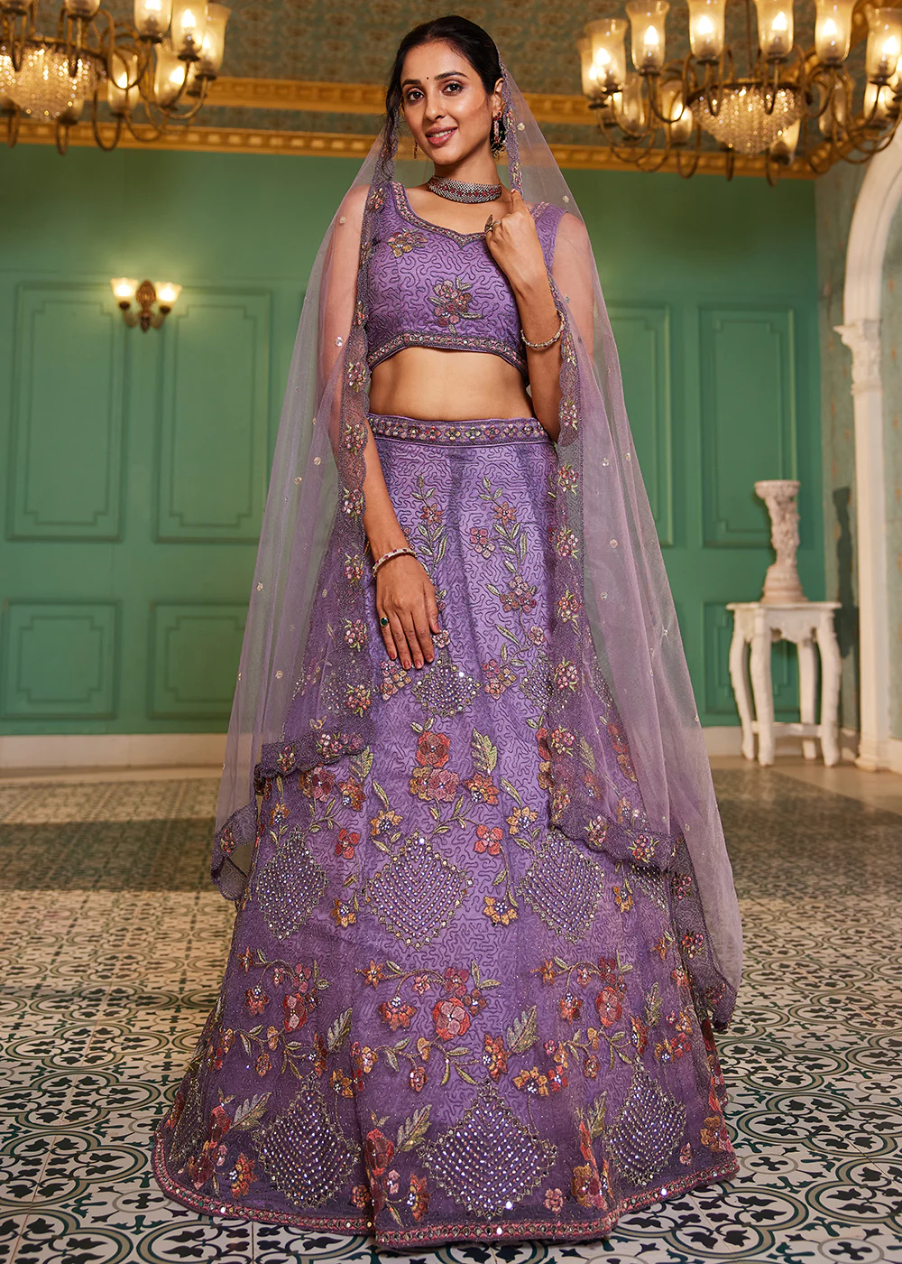 Lavender Net Cording & Zarkan Festive Lehenga Choli