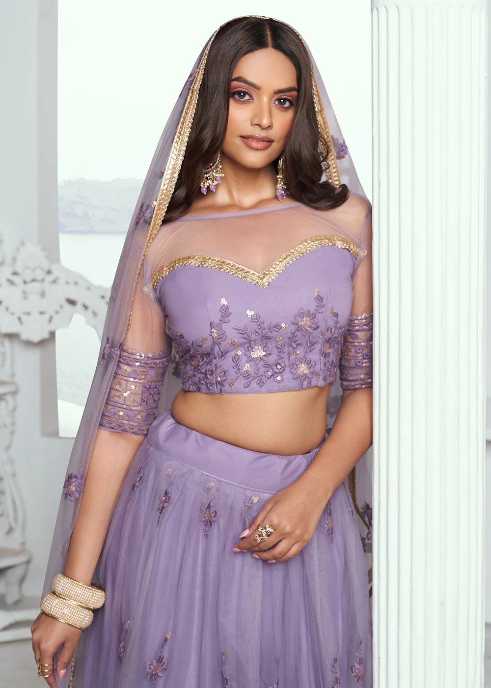 Lavender Net Embroidered Wedding Festive Lehenga Choli - Image 2