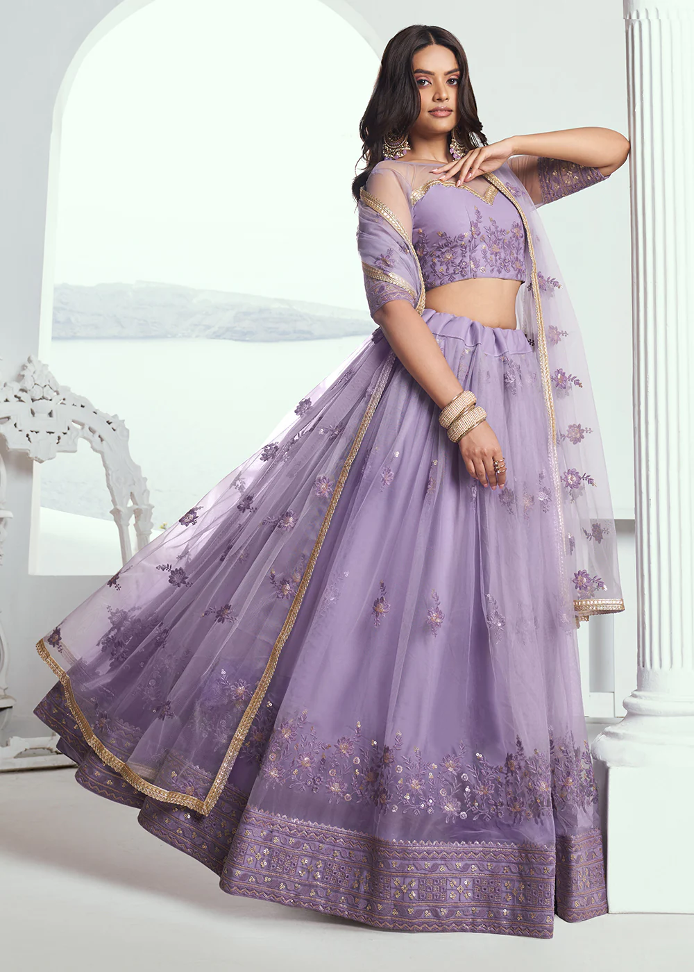 Lavender Net Embroidered Wedding Festive Lehenga Choli - Image 4