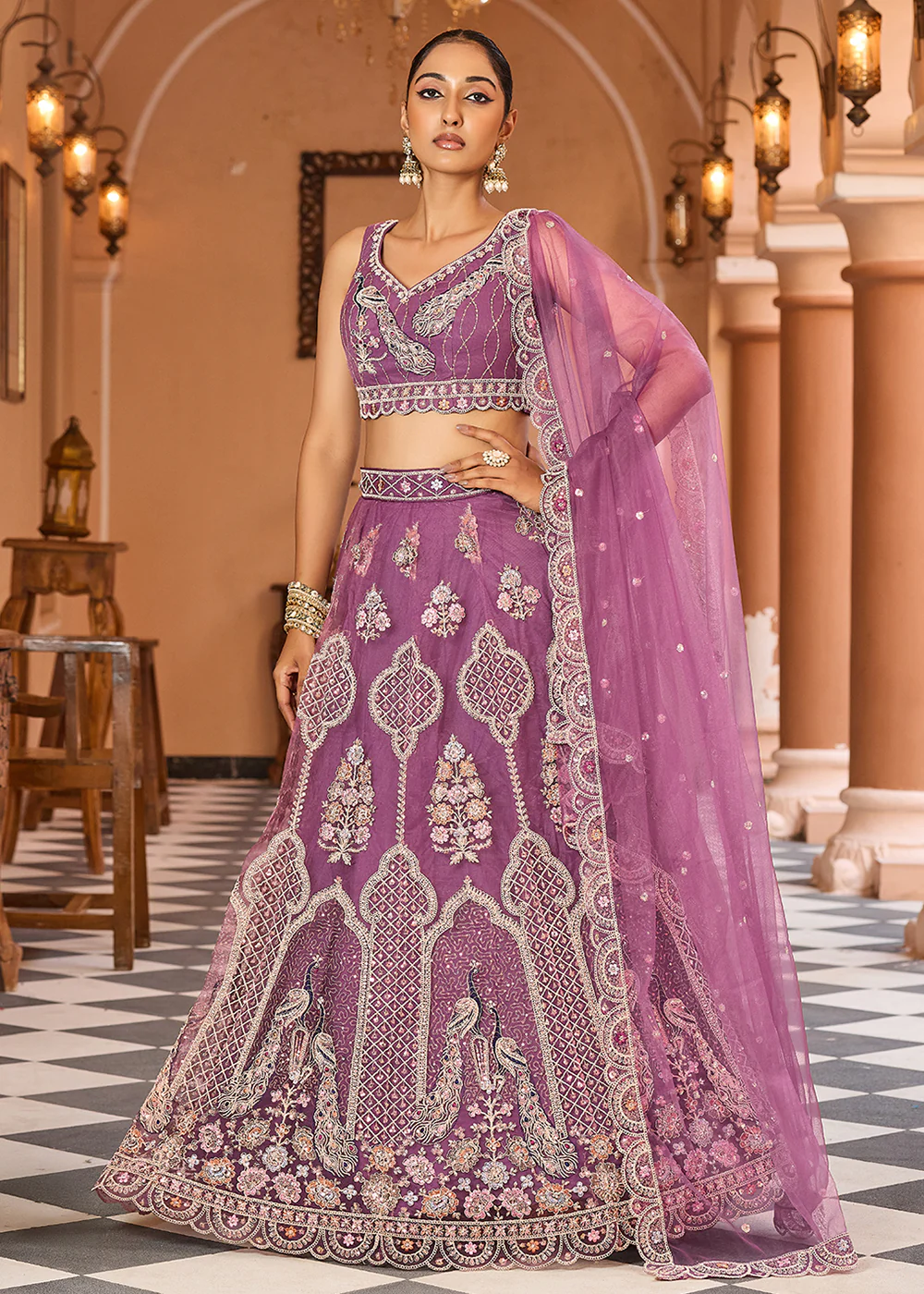 Lavender Net Wedding Function Style Lehenga Choli
