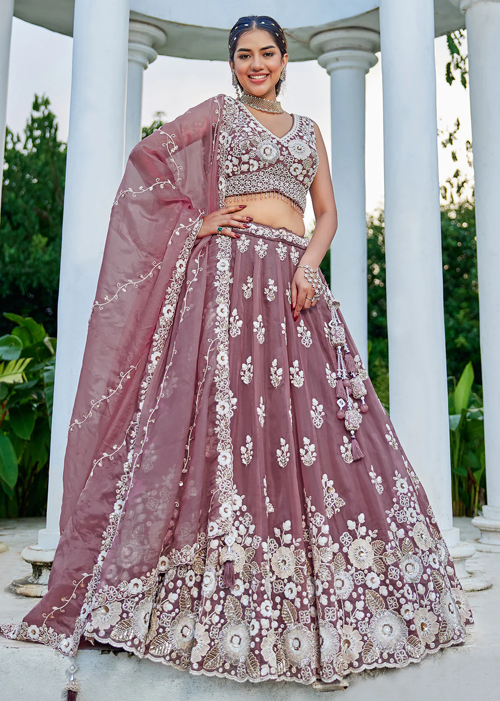 Lavender Organza Beads & Sequins Wedding Lehenga Choli