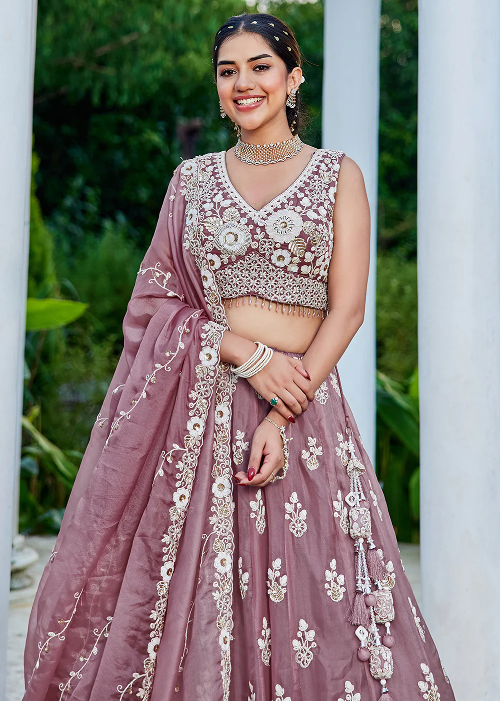 Lavender Organza Beads & Sequins Wedding Lehenga Choli - Image 2
