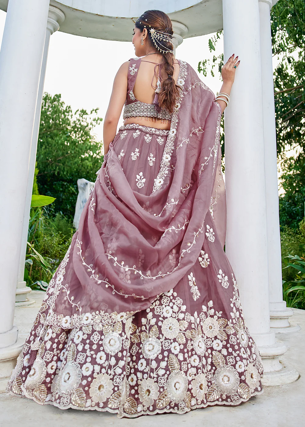 Lavender Organza Beads & Sequins Wedding Lehenga Choli - Image 3