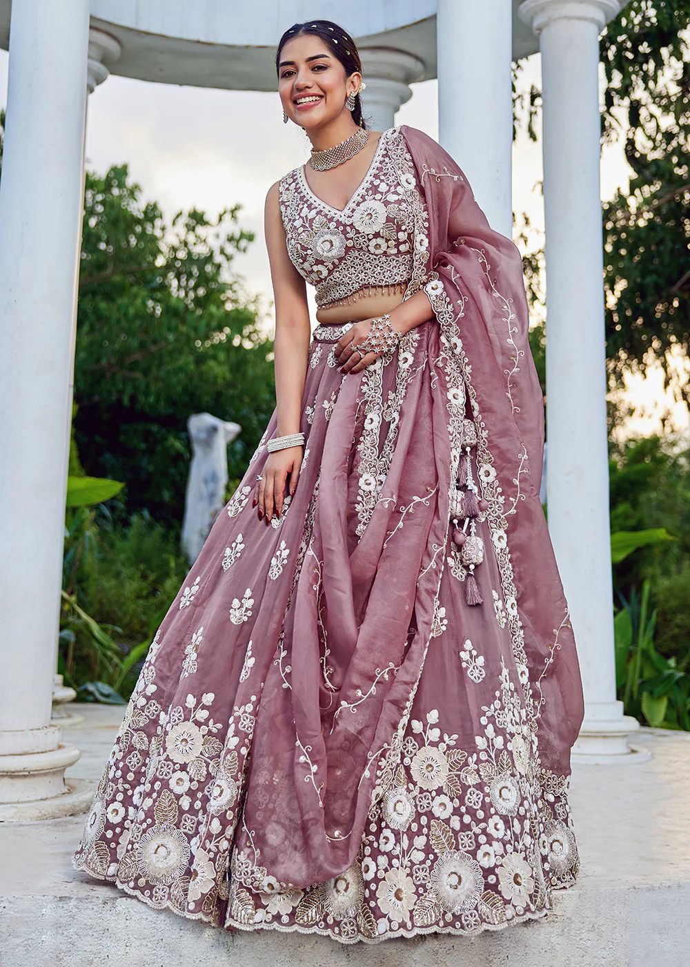 Lavender Organza Beads & Sequins Wedding Lehenga Choli - Image 4