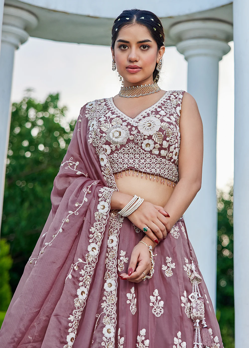 Lavender Organza Beads & Sequins Wedding Lehenga Choli - Image 5