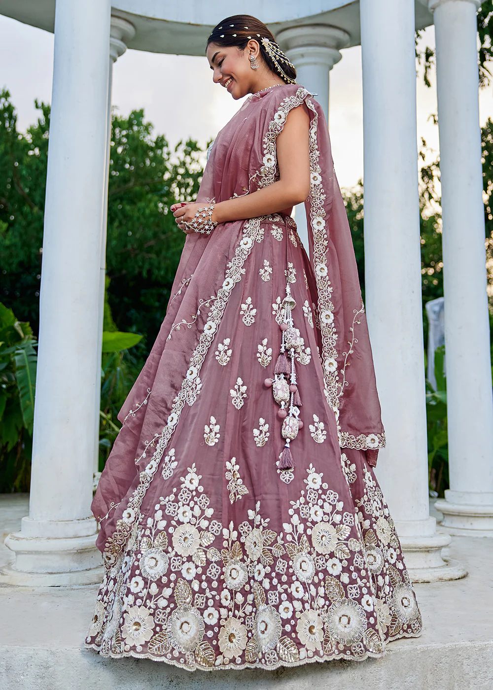 Lavender Organza Beads & Sequins Wedding Lehenga Choli - Image 6