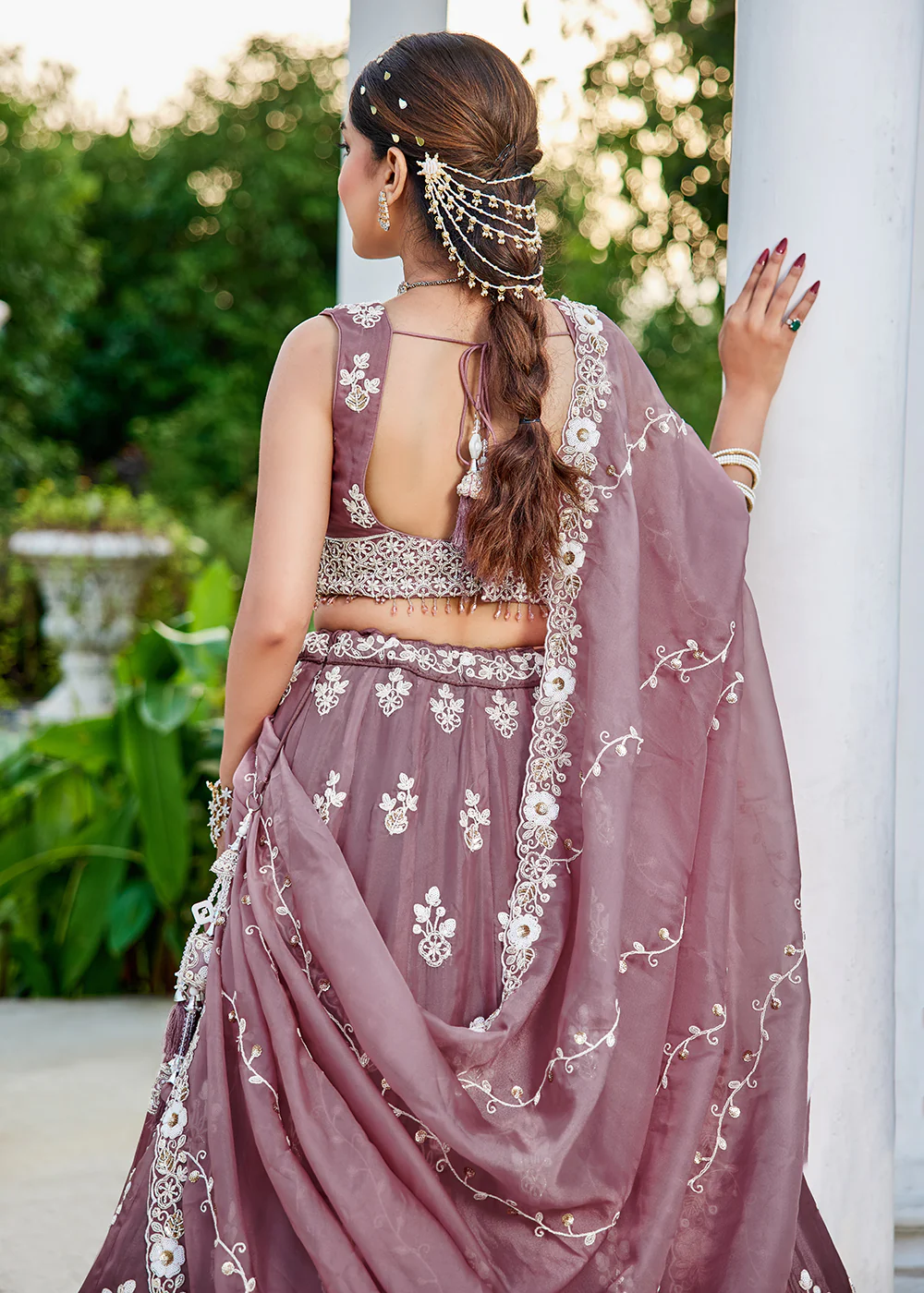 Lavender Organza Beads & Sequins Wedding Lehenga Choli - Image 7
