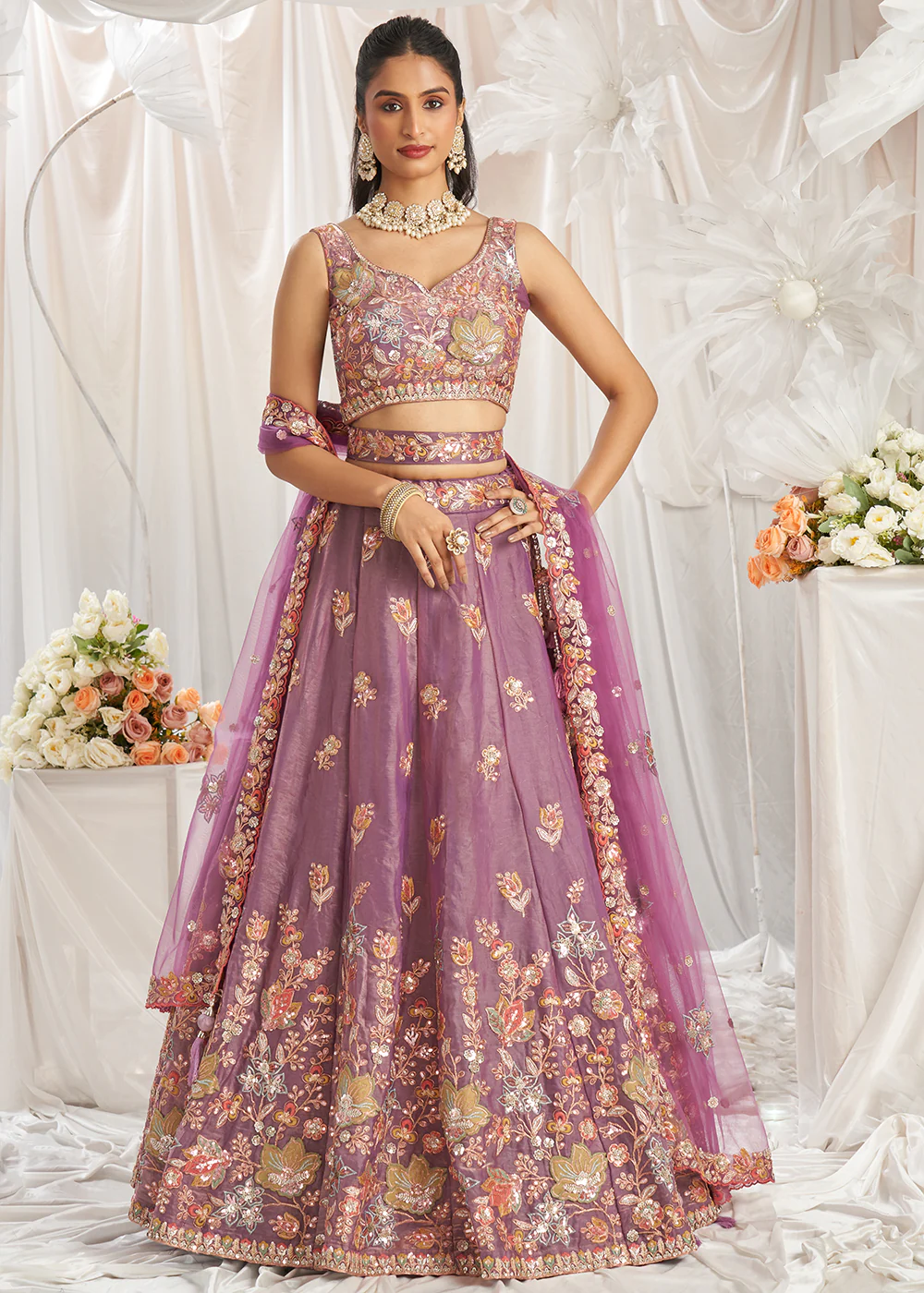 Lavender Organza Multi Sequinned Wedding Lehenga Choli