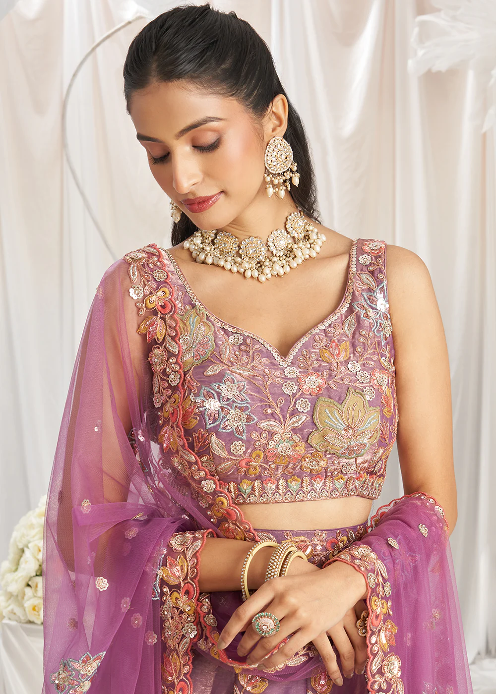 Lavender Organza Multi Sequinned Wedding Lehenga Choli - Image 2