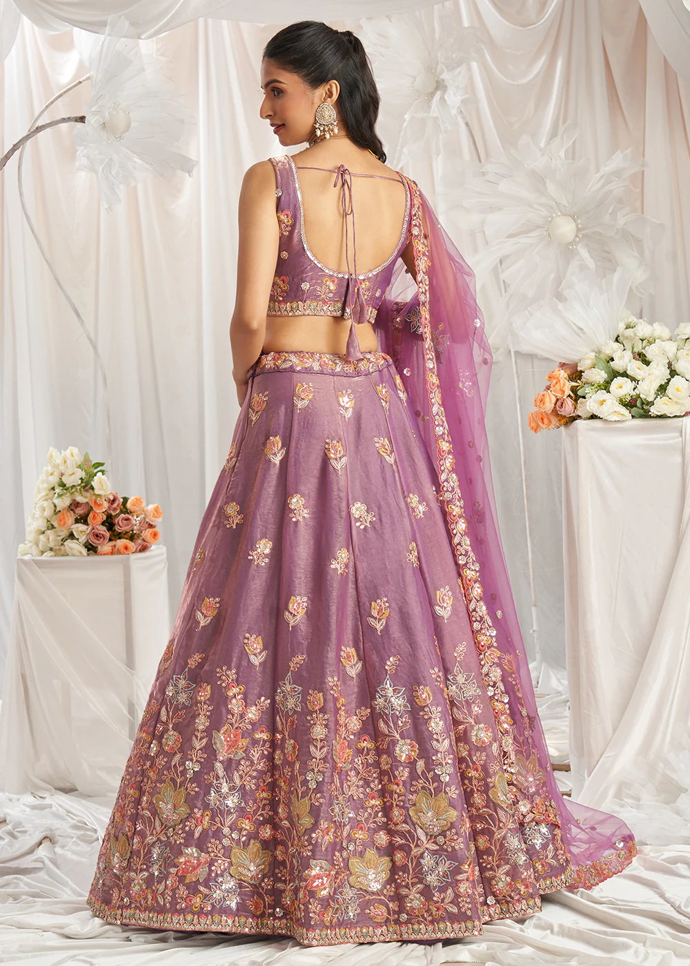 Lavender Organza Multi Sequinned Wedding Lehenga Choli - Image 3