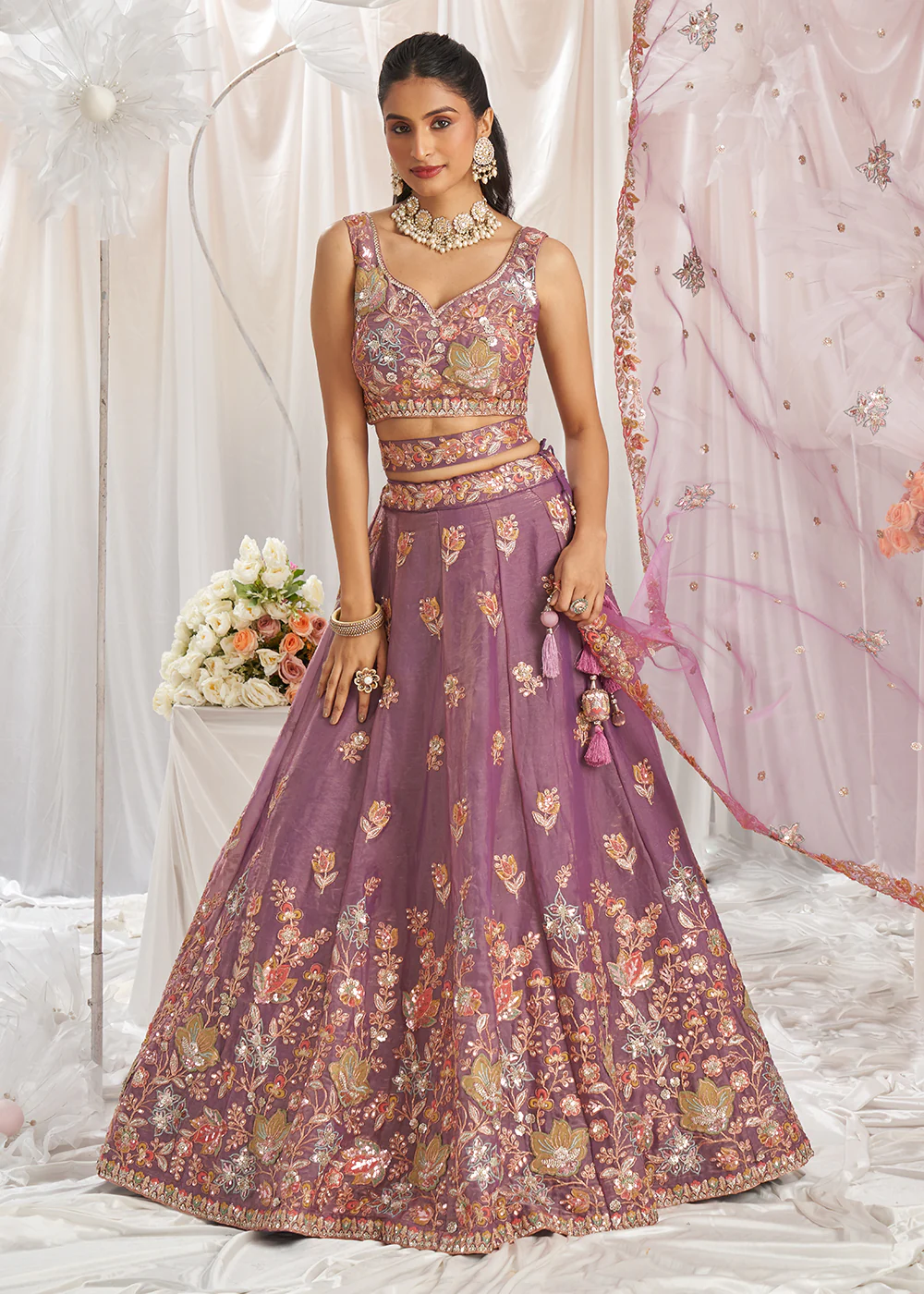 Lavender Organza Multi Sequinned Wedding Lehenga Choli - Image 4