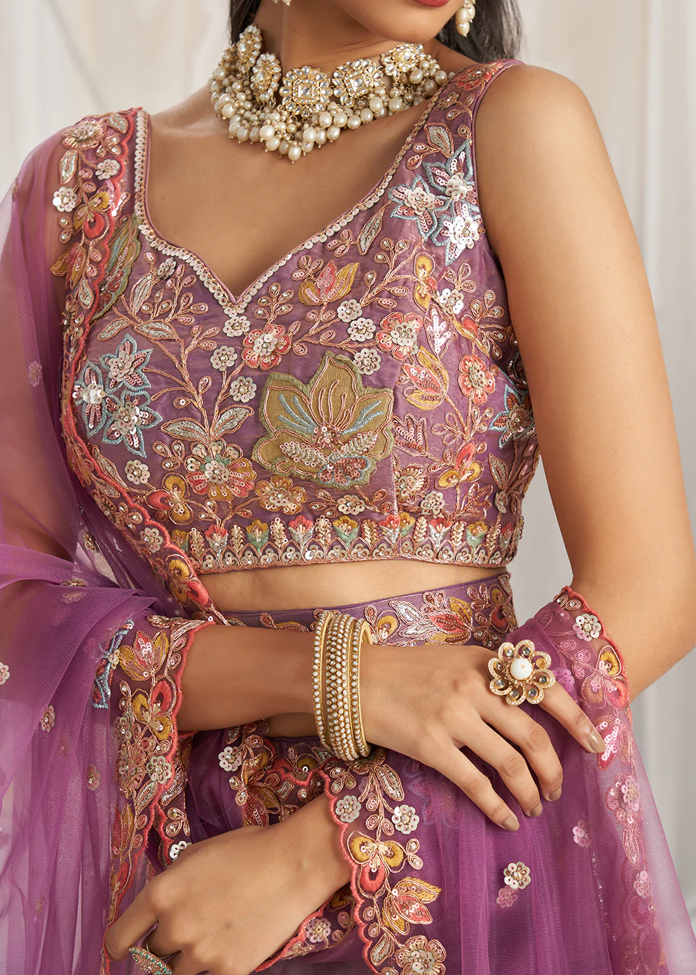 Lavender Organza Multi Sequinned Wedding Lehenga Choli - Image 5