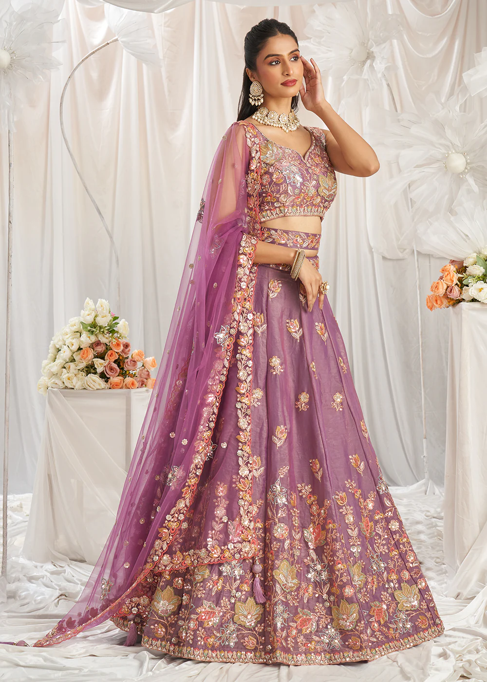 Lavender Organza Multi Sequinned Wedding Lehenga Choli - Image 6