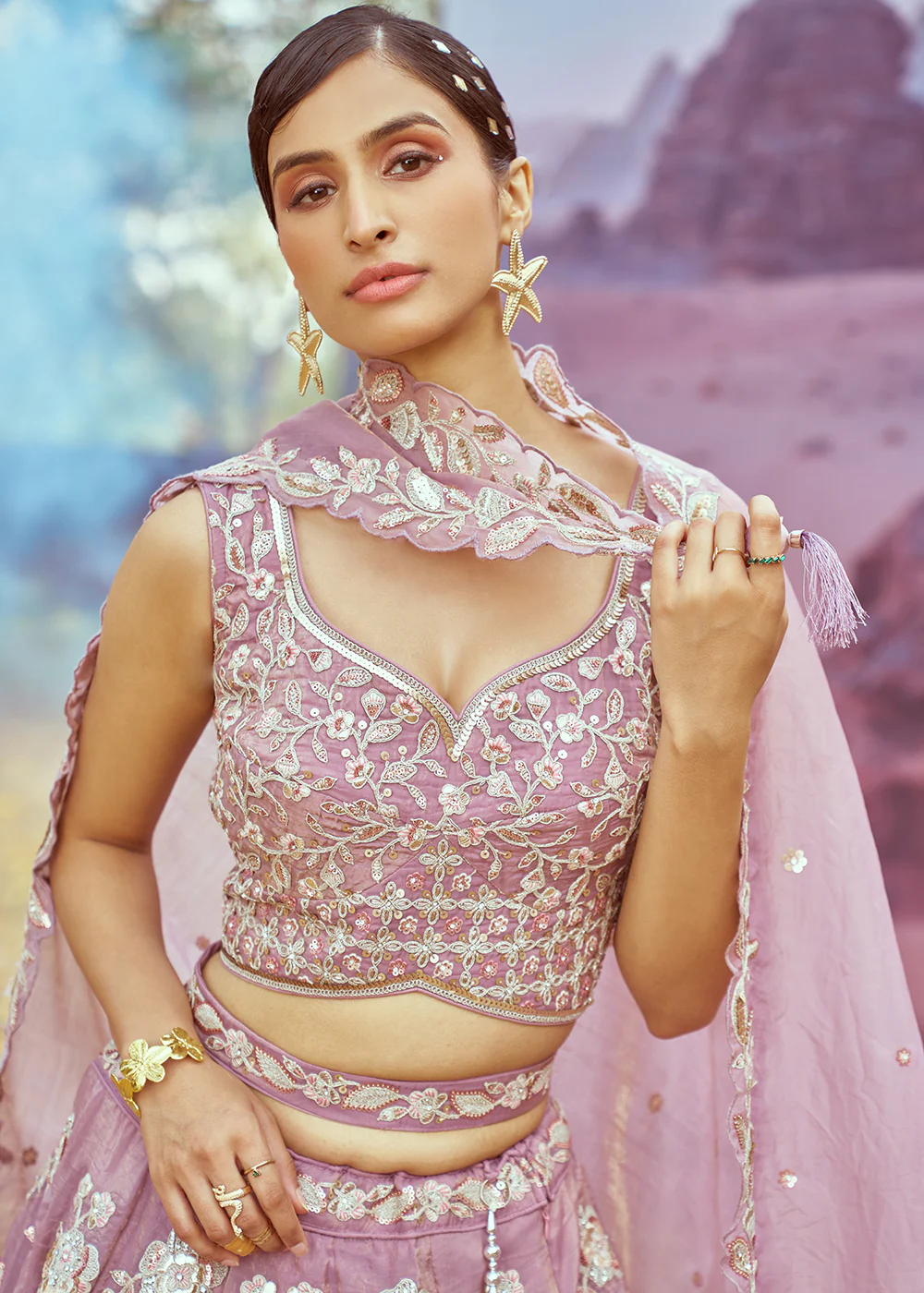 Lavender Organza Multi Sequins Designer Lehenga Choli - Image 2