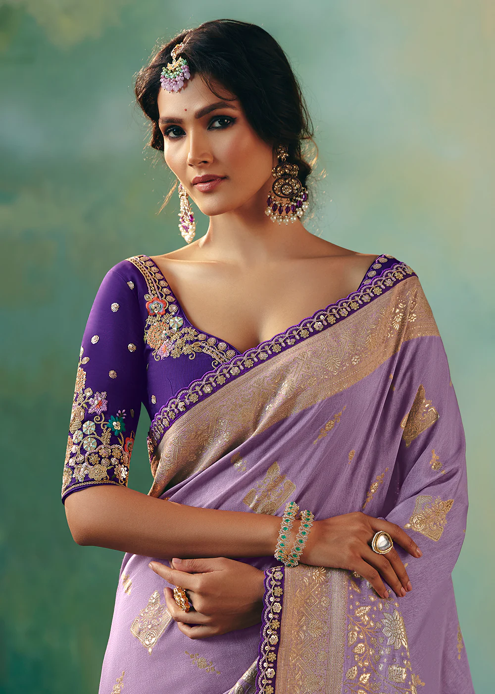 Lavender Premium Dola Viscose Silk Wedding Wear Saree - Image 2