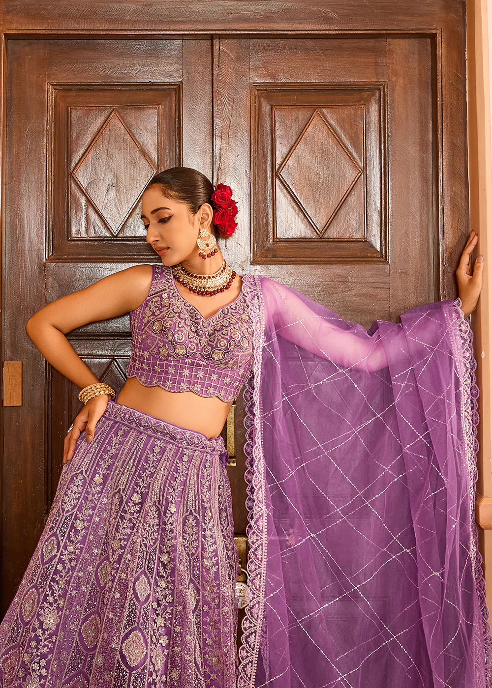 Lavender Premium Quality Net Wedding Festive Lehenga Choli - Image 6