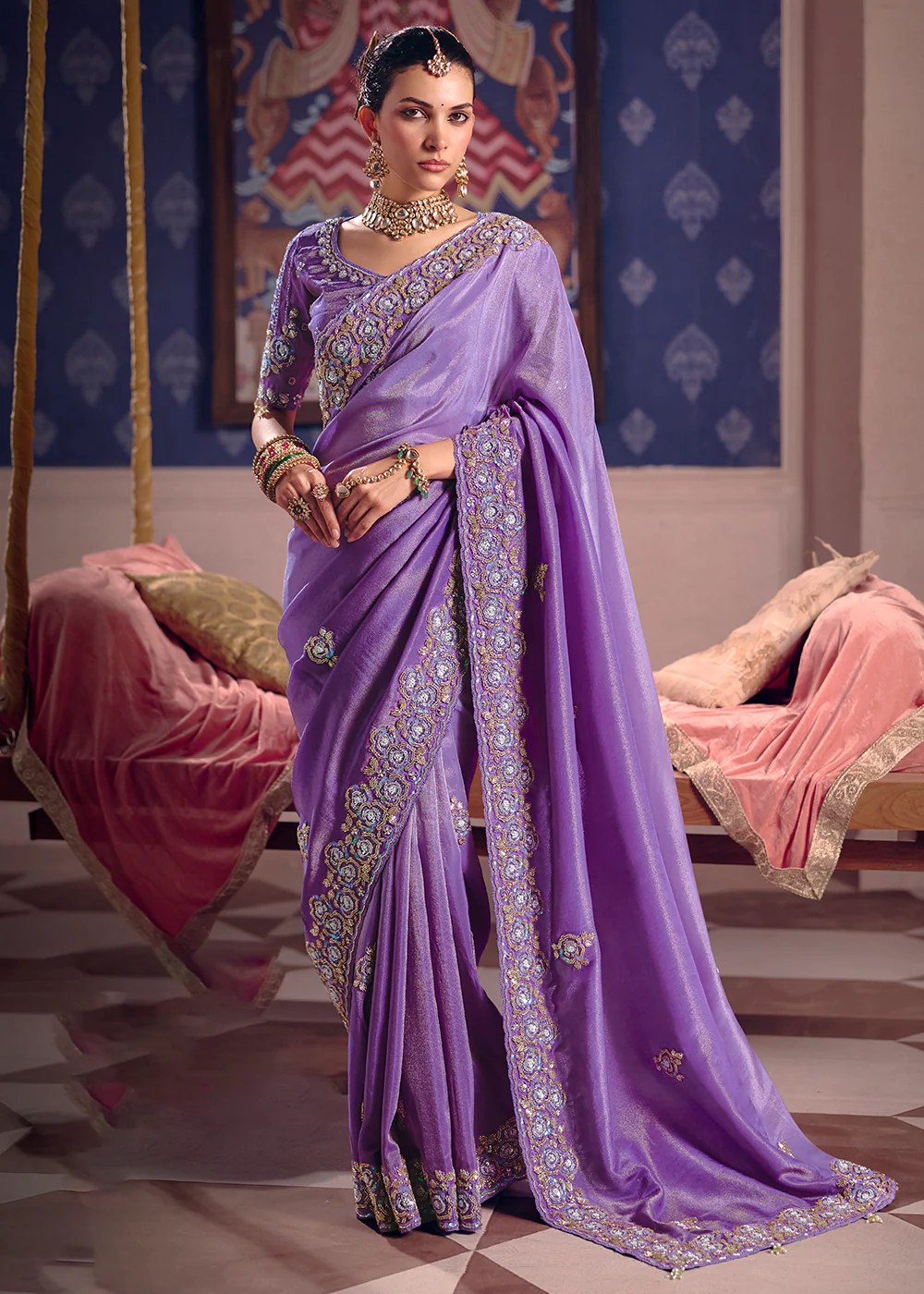 Lavender Premium Tissue Zari Embroidered Designer Saree
