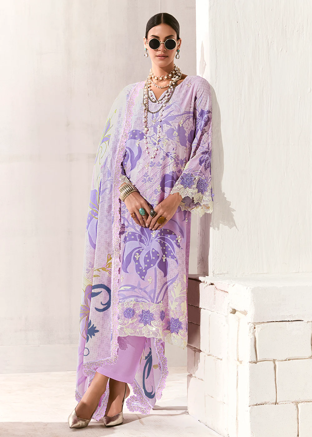 Lavender Printed & Embroidered Muslin Salwar Suit - Image 3