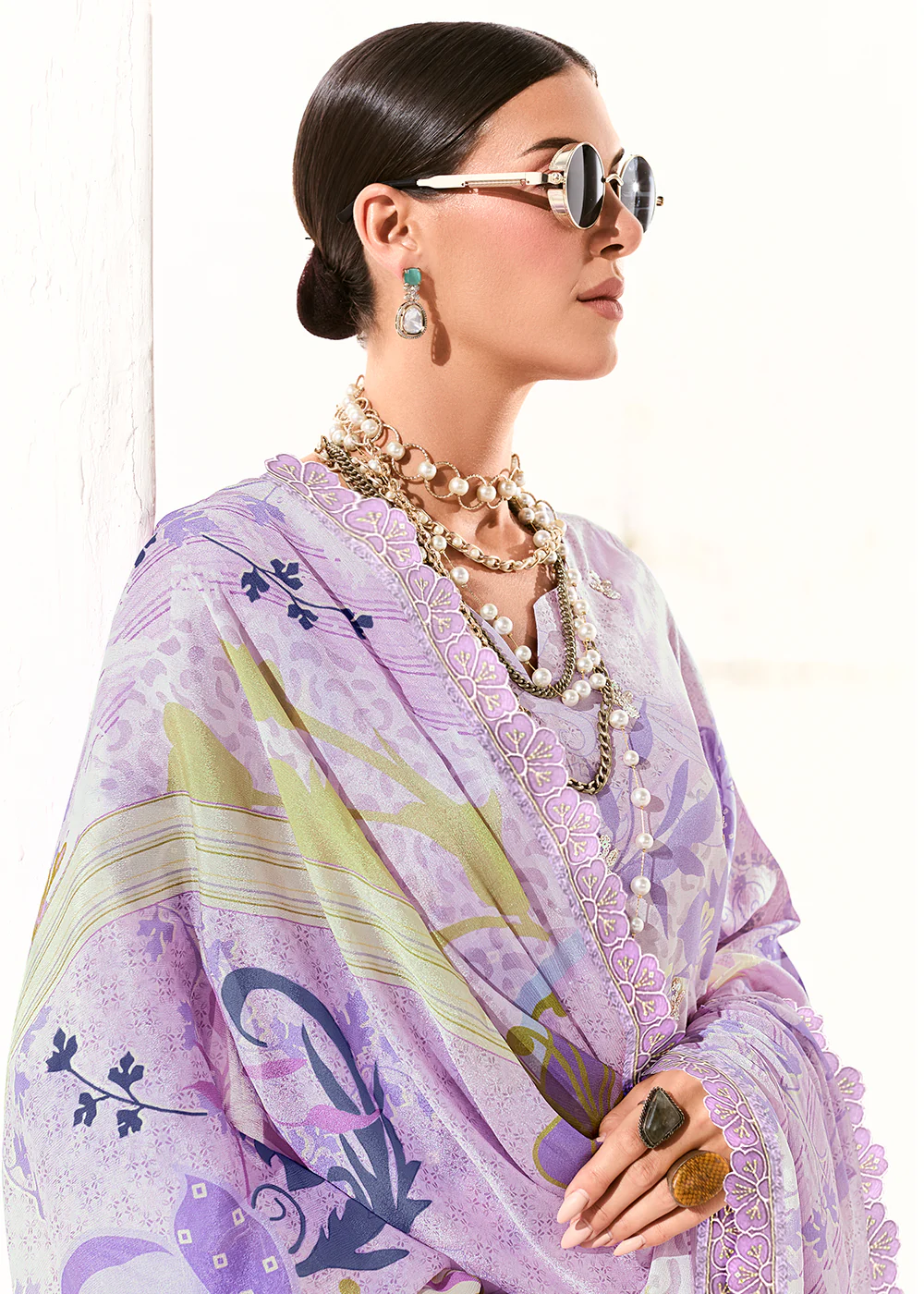 Lavender Printed & Embroidered Muslin Salwar Suit - Image 4