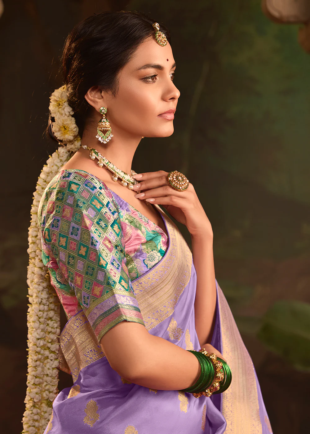 Lavender Pure Crepe Dola Silk Wedding Festive Saree - Image 4