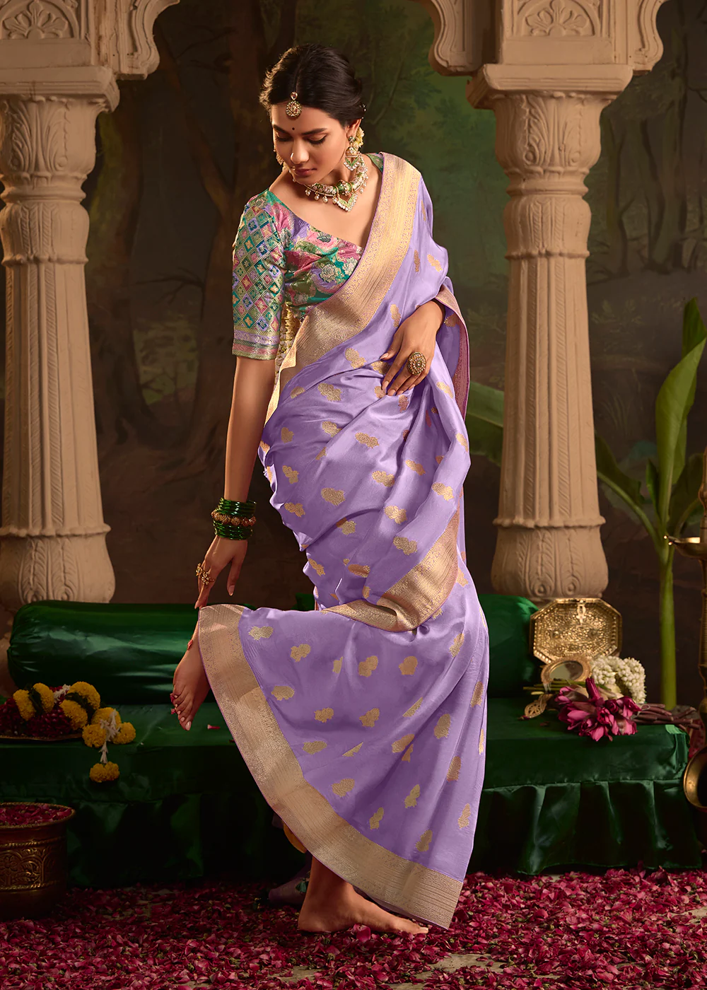 Lavender Pure Crepe Dola Silk Wedding Festive Saree - Image 5