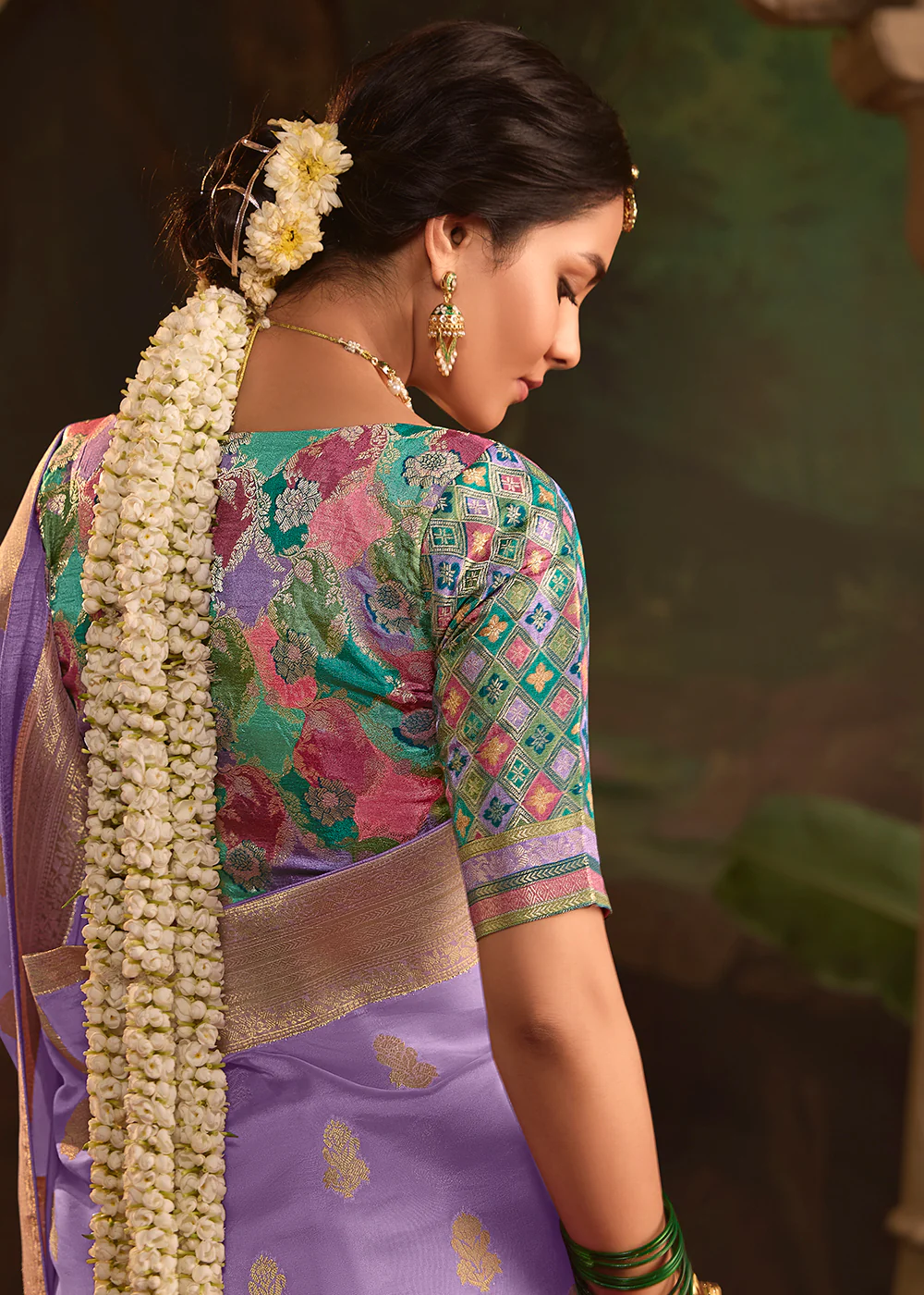 Lavender Pure Crepe Dola Silk Wedding Festive Saree - Image 6