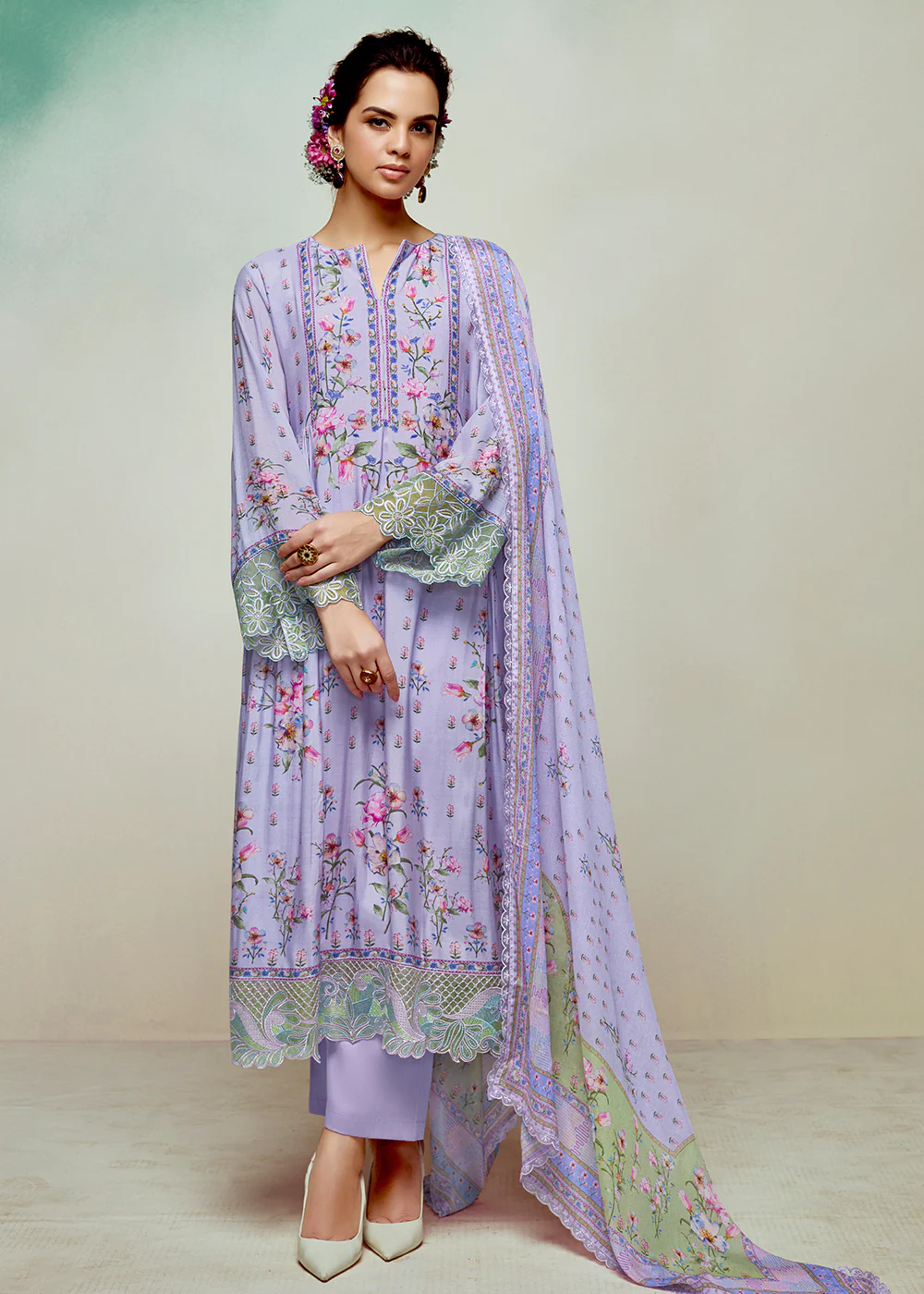 Lavender Pure Muslin Digital Printed Salwar Suit