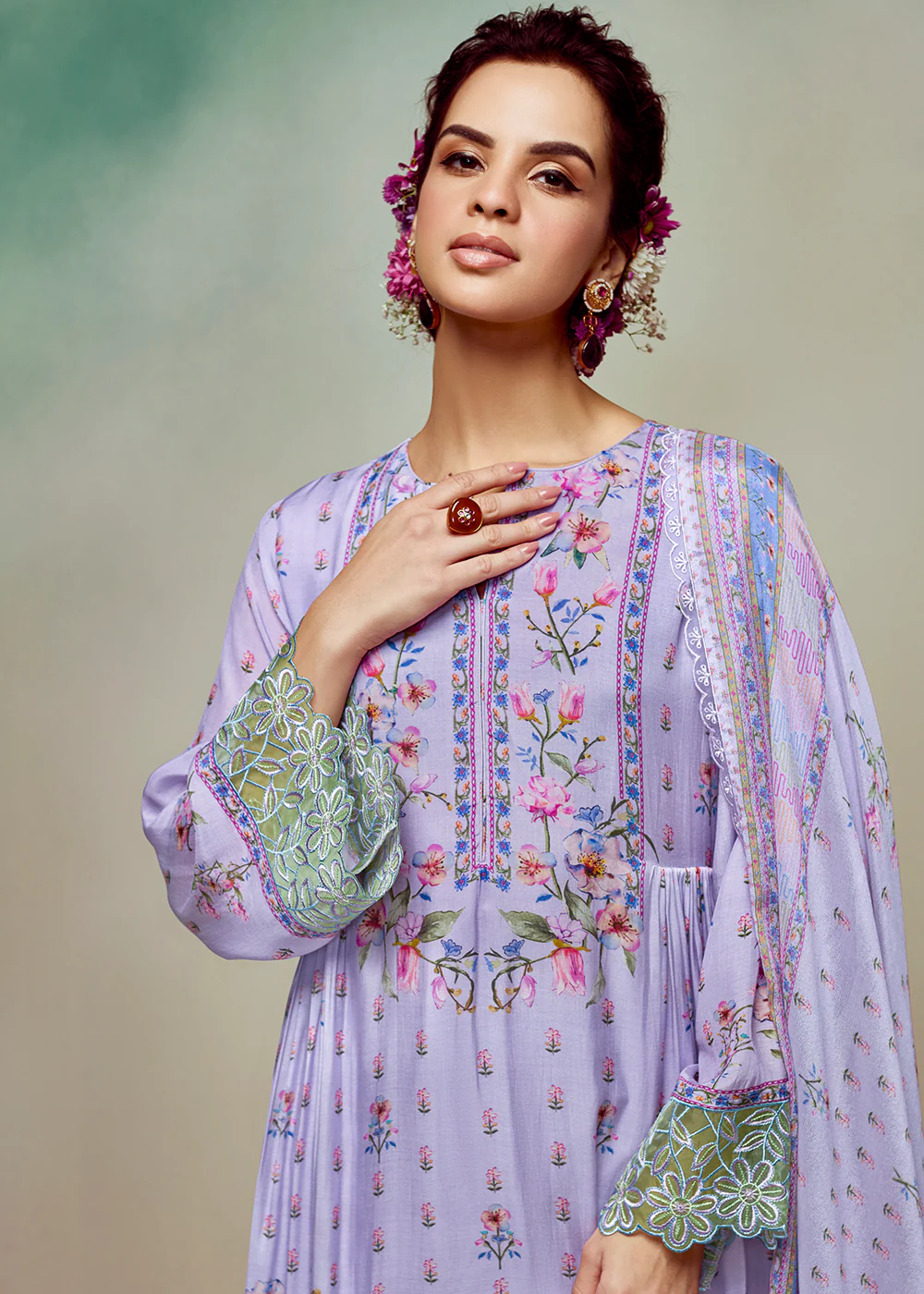 Lavender Pure Muslin Digital Printed Salwar Suit - Image 2
