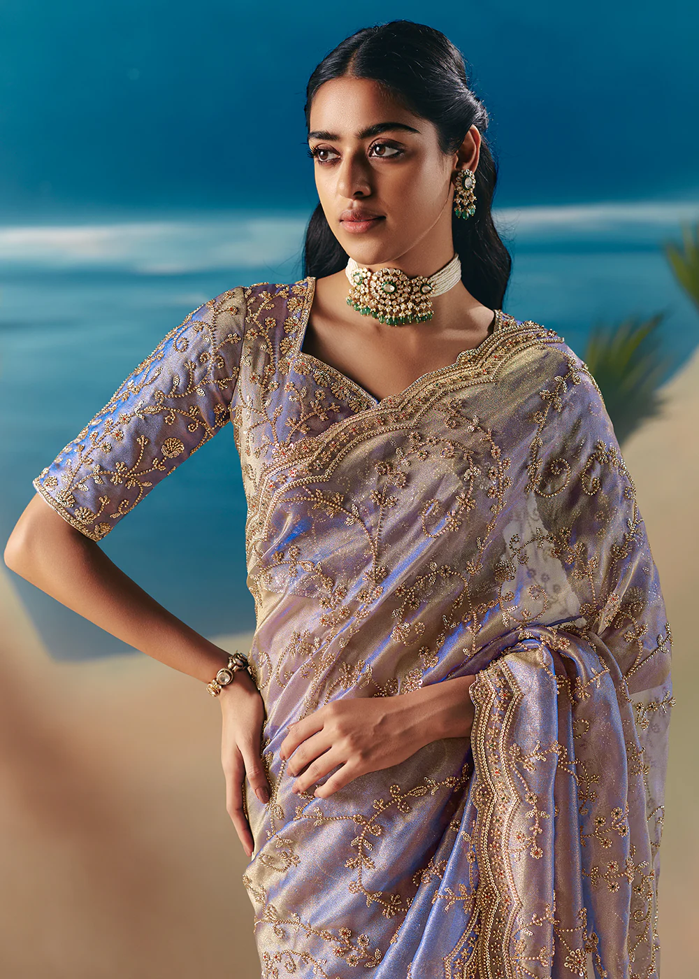 Lavender Satin Organza Fancy Designer Saree - Image 2