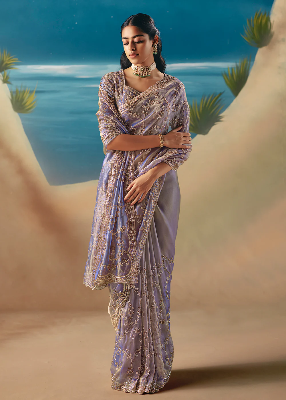 Lavender Satin Organza Fancy Designer Saree - Image 4