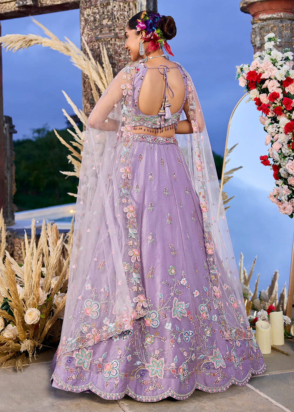 Lavender Satin Silk Sequins & Cording Wedding Lehenga Choli - Image 3