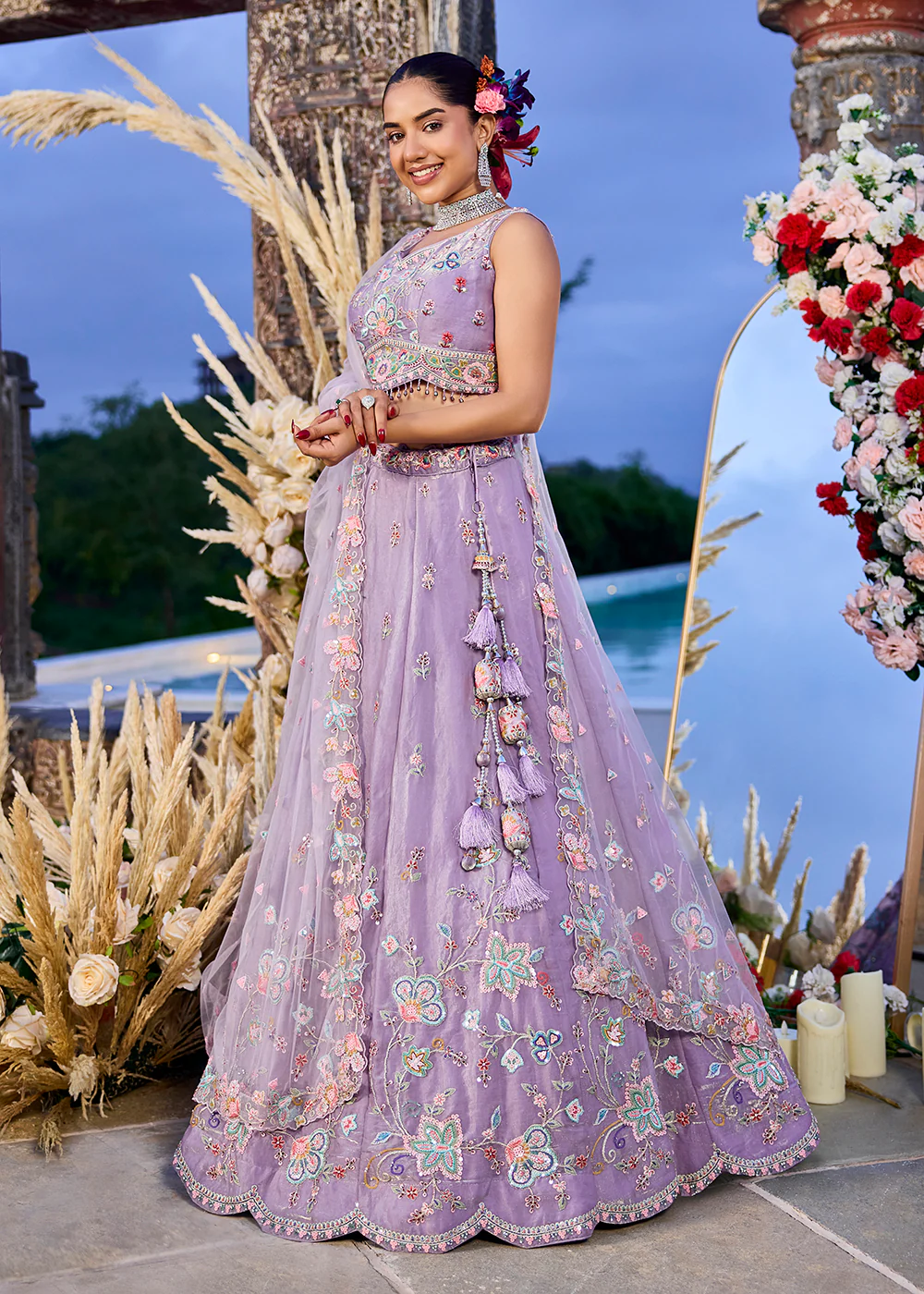 Lavender Satin Silk Sequins & Cording Wedding Lehenga Choli - Image 4