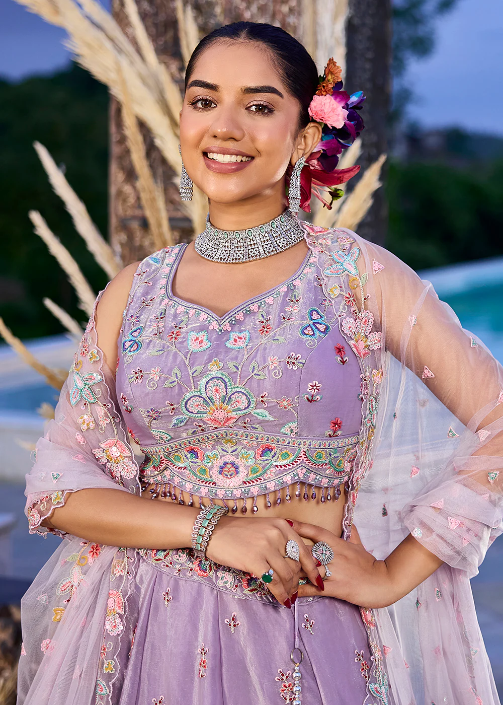 Lavender Satin Silk Sequins & Cording Wedding Lehenga Choli - Image 5