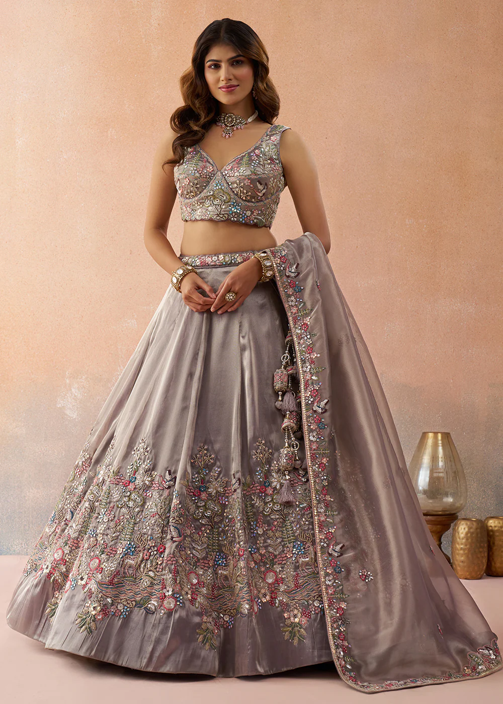 Lavender Sequins & Zarkan Designer Wear Lehenga Choli