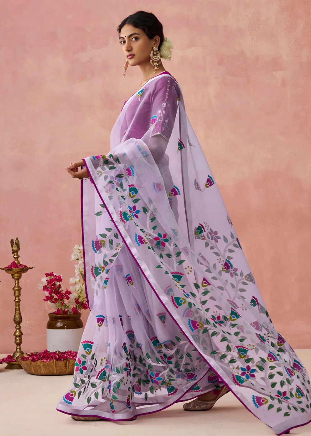 Lavender Soft Brasso Organza Printed Festive Classic Saree - Image 4