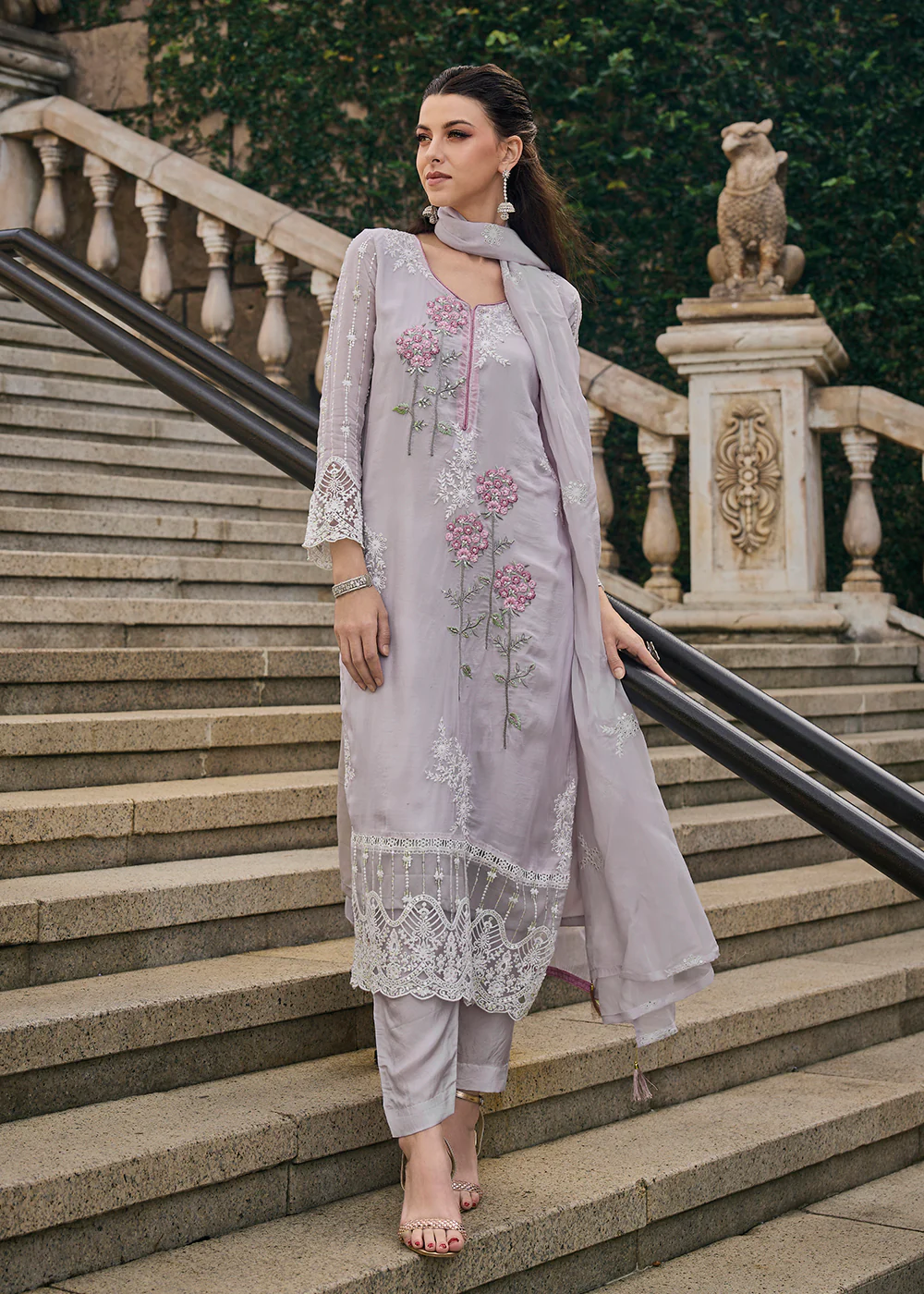 Lavender Soft Organza Embroidered Designer Salwar Suit - Image 3