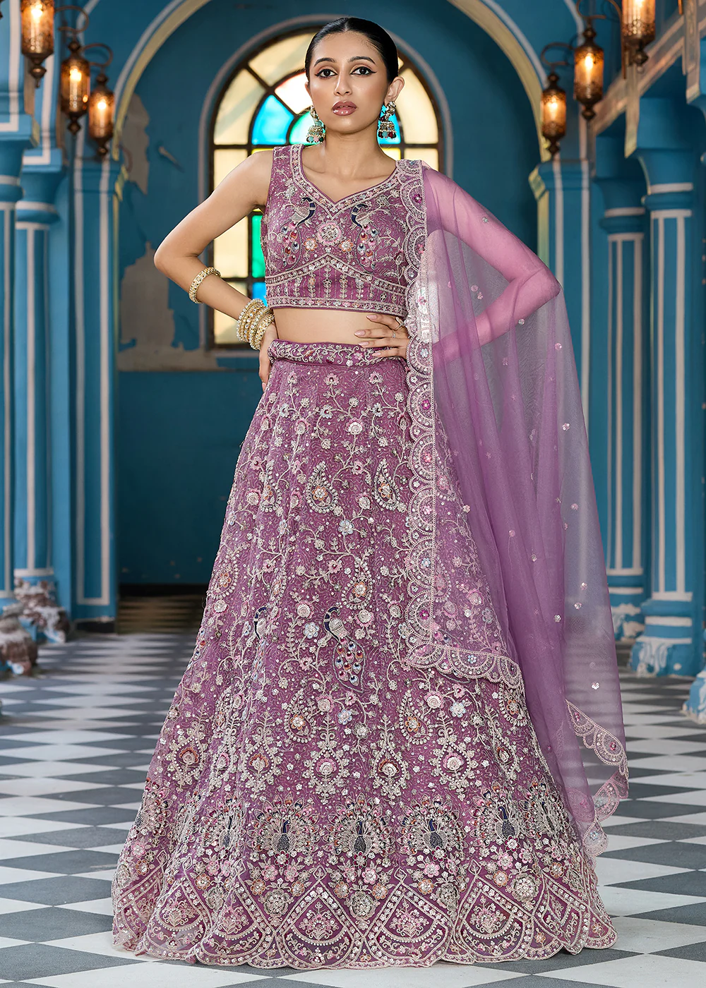 Lavender Stone & Cording Work Net Lehenga Choli