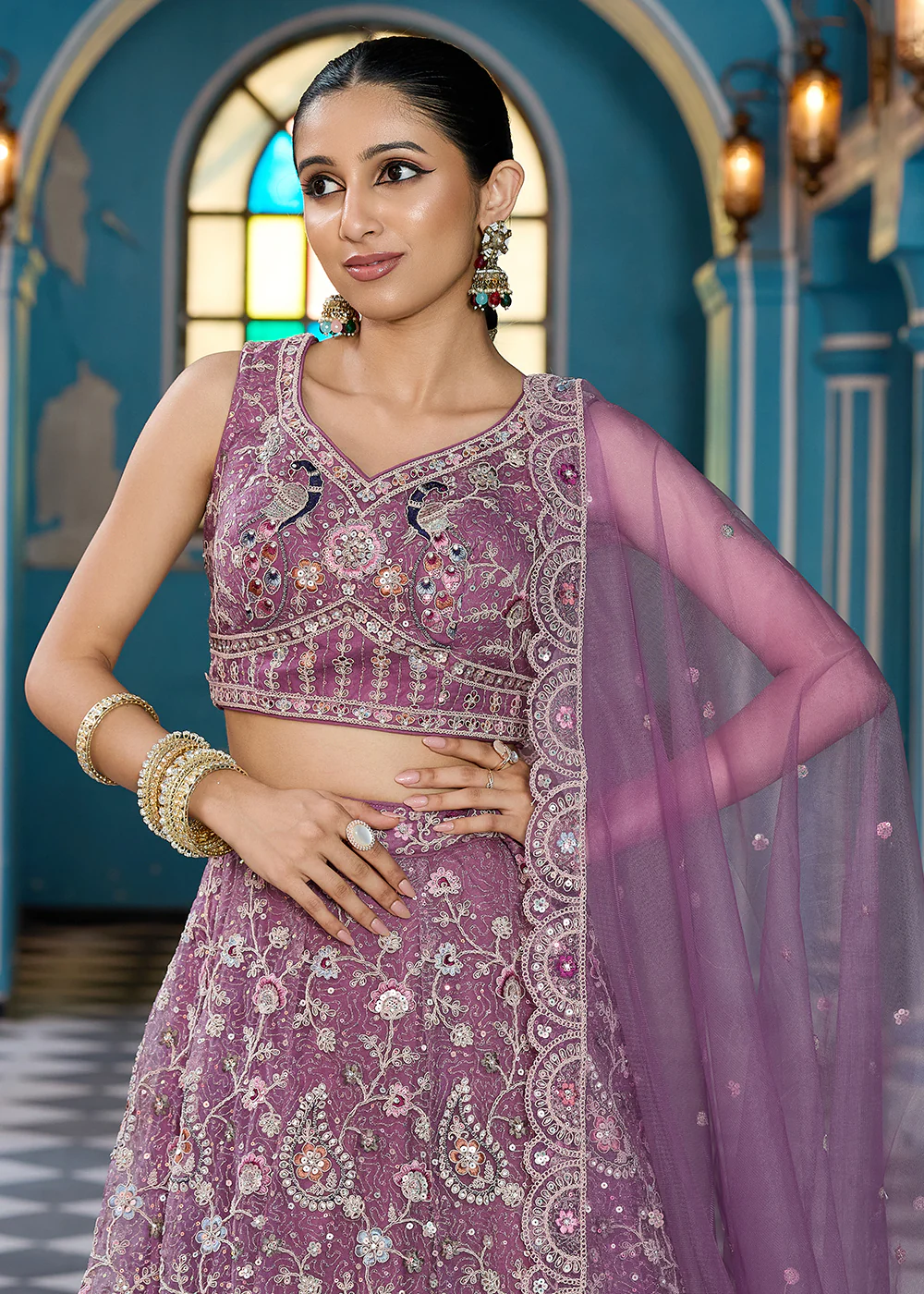 Lavender Stone & Cording Work Net Lehenga Choli - Image 2