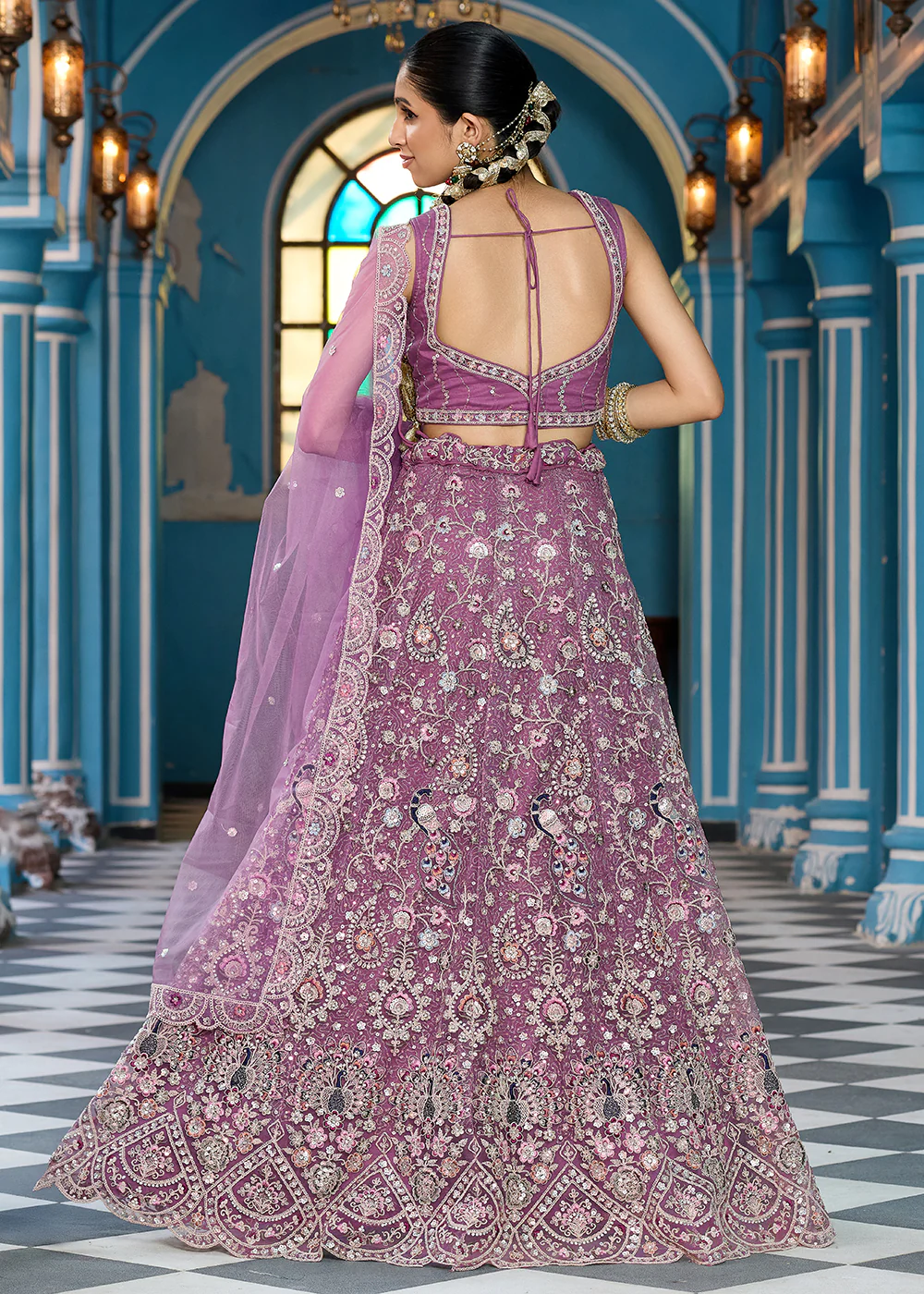 Lavender Stone & Cording Work Net Lehenga Choli - Image 3