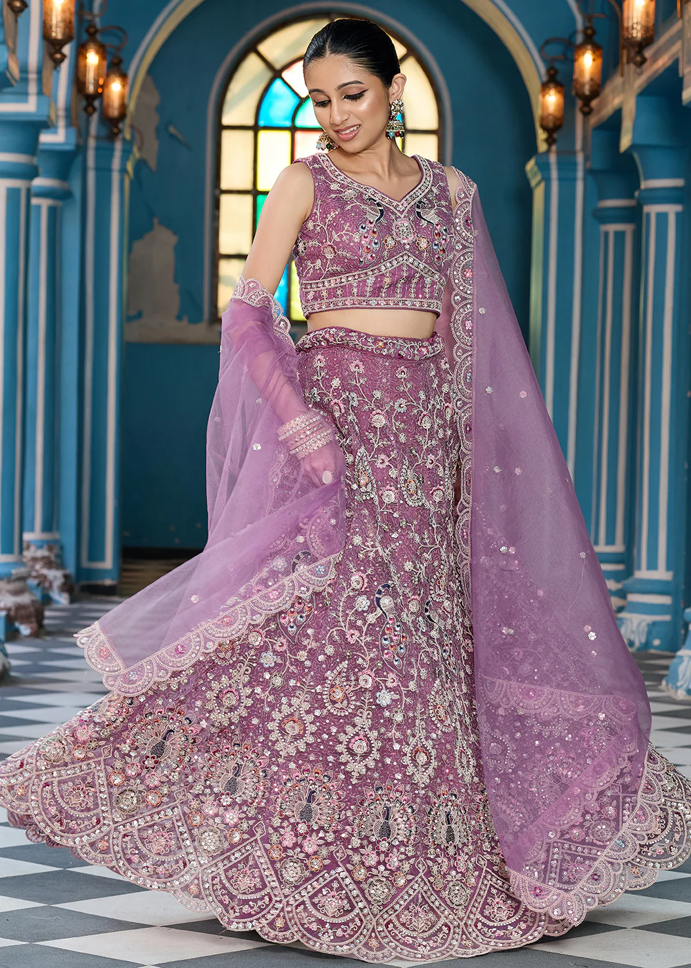 Lavender Stone & Cording Work Net Lehenga Choli - Image 4