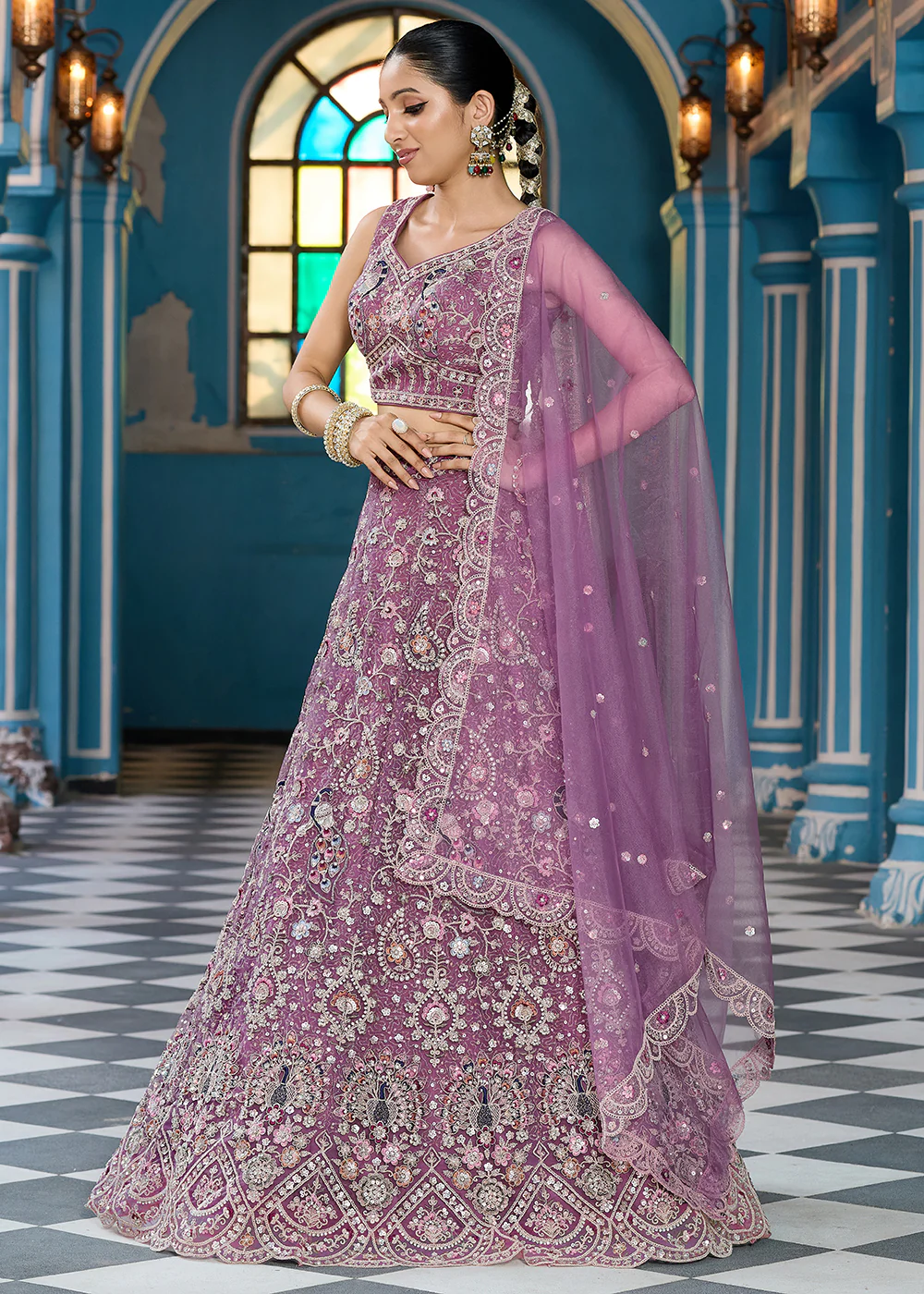 Lavender Stone & Cording Work Net Lehenga Choli - Image 5