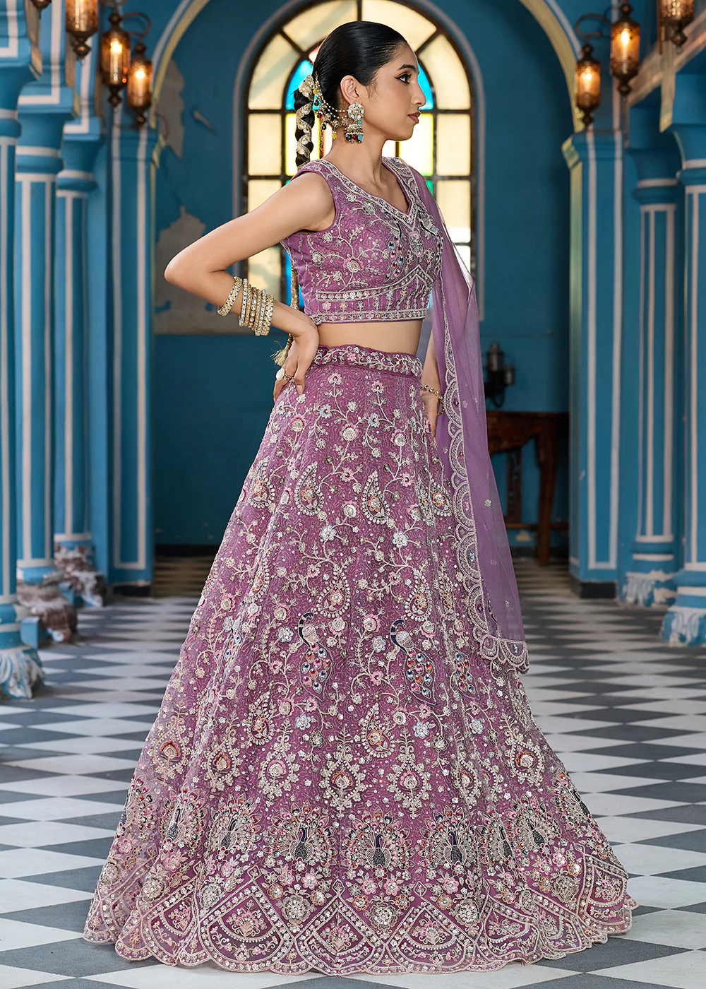 Lavender Stone & Cording Work Net Lehenga Choli - Image 6
