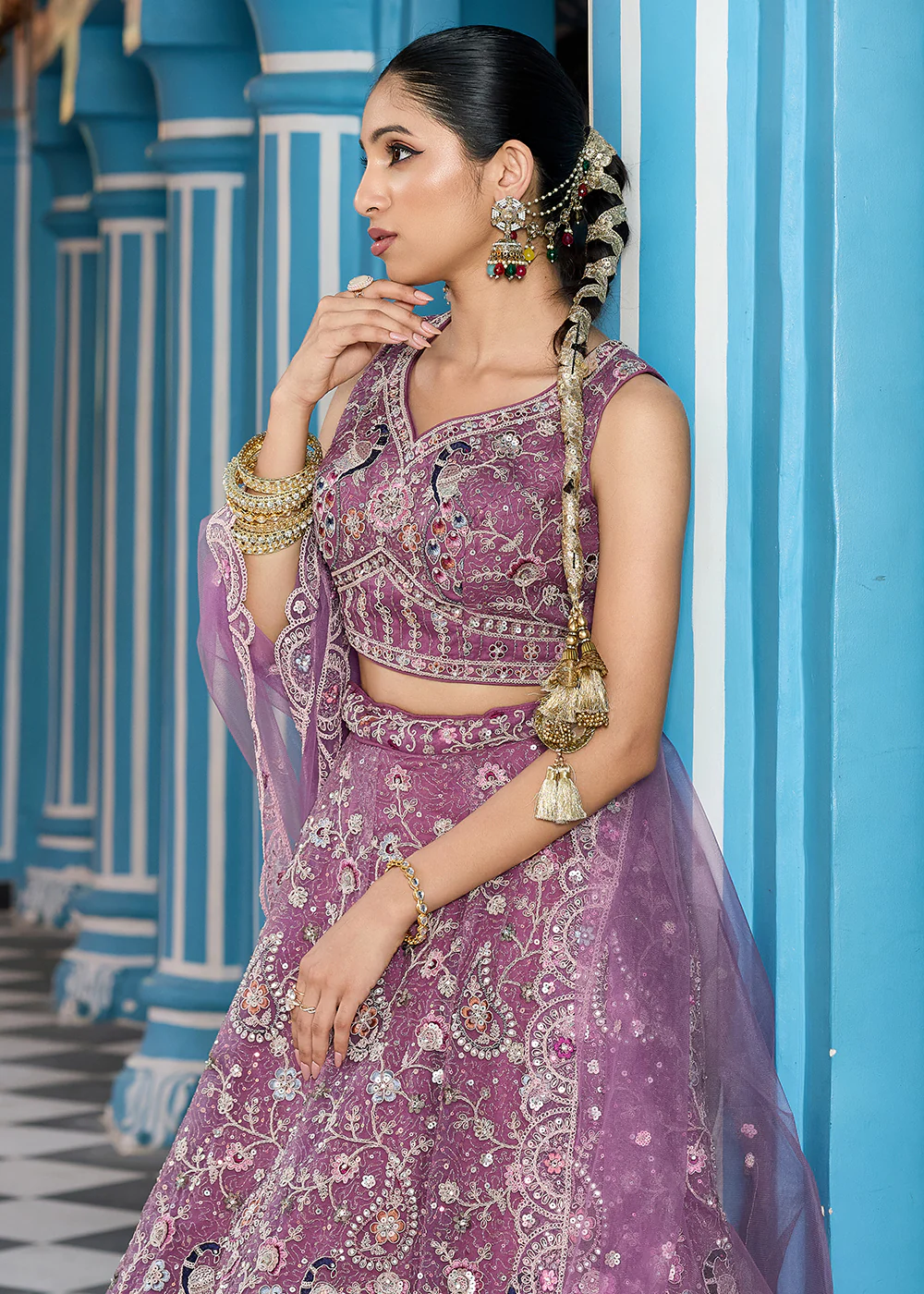 Lavender Stone & Cording Work Net Lehenga Choli - Image 7